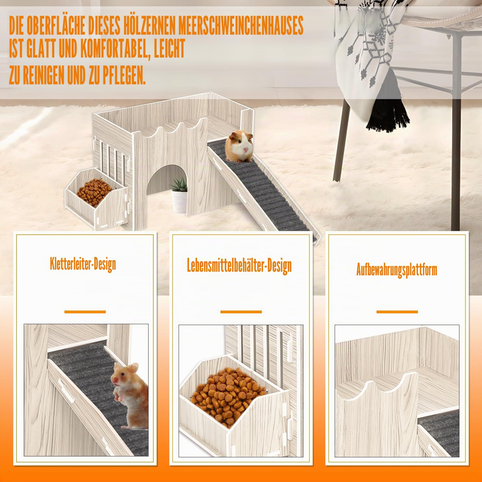 Meerschweinchen Versteck Haus Holz Meerschweinchen Schloss mit Futterbecken Meerschweinchen Spielzeug Zubehör für Chinchilla Hamster Igel Kaninchen Hase