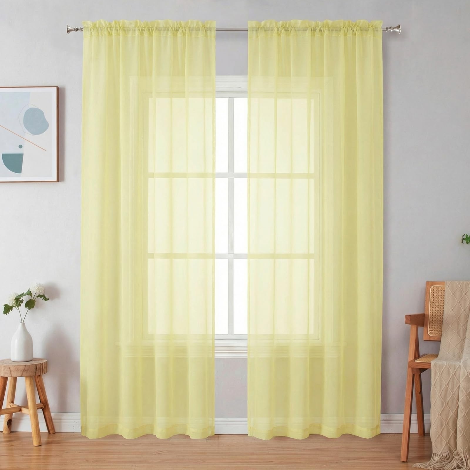 Simplebrand Light Yellow Sheer Curtains 84 Inches Long 2 Panels for Bedroom