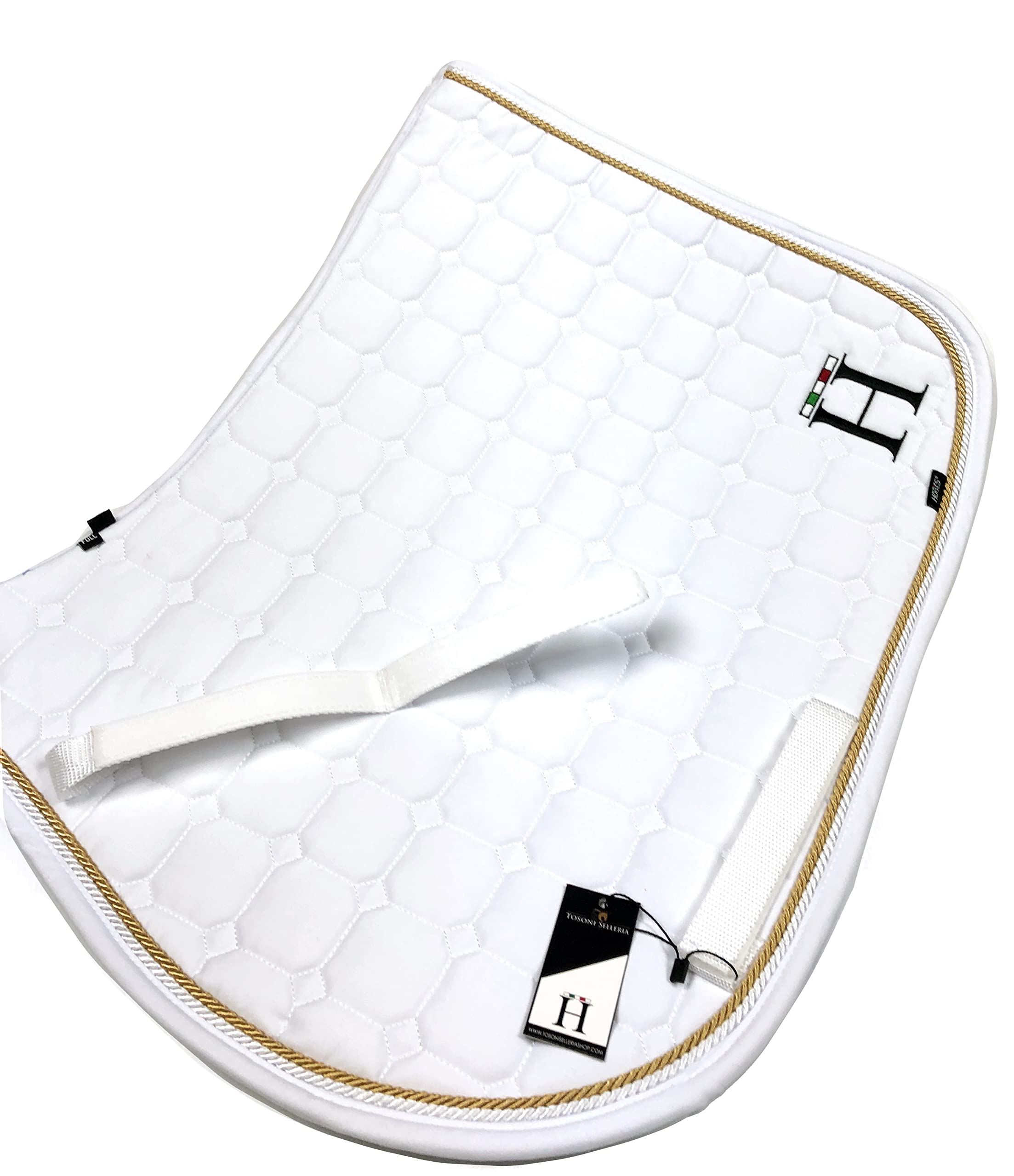 Horses, Mantilla para Caballos Ideal para Salto Ecuestre 100% Algodón, Cierre de Velcro, Ribete Trenzado, Antichoque (blanco/oro frío)