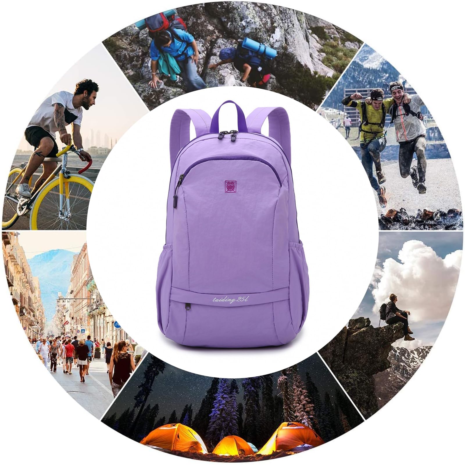 Faltbarer Rucksack Wanderrucksack 25L Reiserucksack Leichter Wasserdichter Daypack Hiking Backpack für Damen Herren Trekking Reisen Sport Täglicher Gebrauch Lila