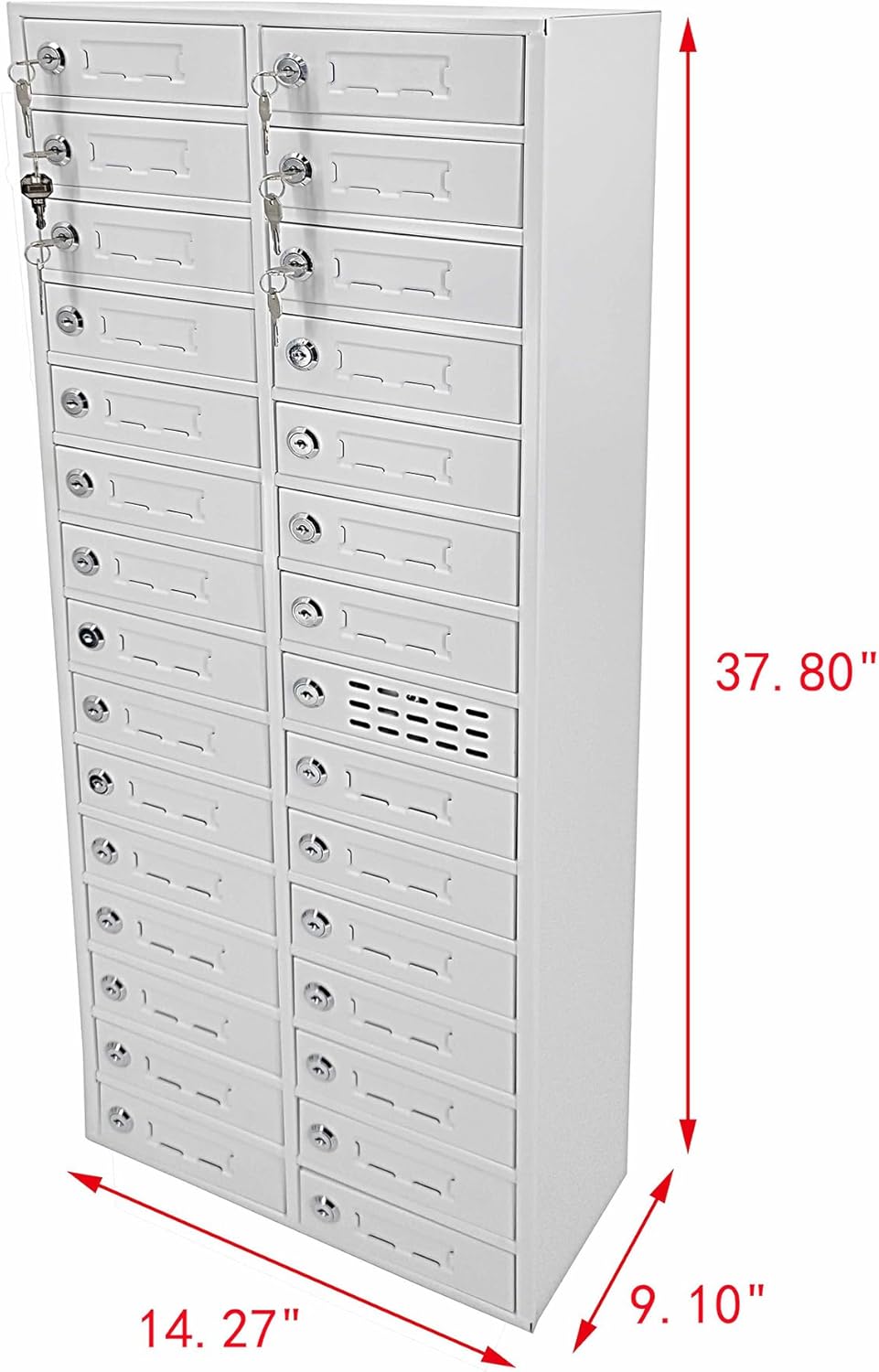Key Retention Mechanism 30-Slot 7" Wide Door Cellphone Charging Station Female USB Locker Storage Cabinet Fit Mini Pad Comupter 14X38X9" Max 5 Watts Per Slot Output 15251-STAYON-LOCK-NPF