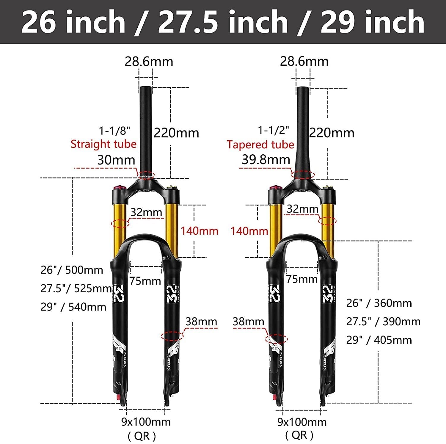 MTB Forcella Anteriore 26/27.5/29 Pollici 140mm Viaggio, 1-1/8" Dritto/Conico Forcella Mountain Bike Rebound Regolare Freno A Disco QR 9mm A,26