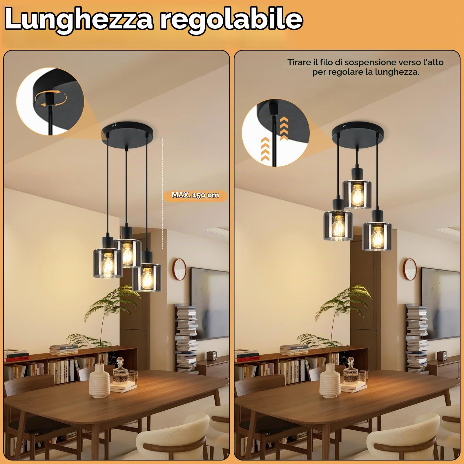 ZMH Lampada da tavolo a sospensione - Lampada da tavolo industriale | regolabile in altezza E27 3 fiamme vintage per ufficio hotel (senza lampadine)