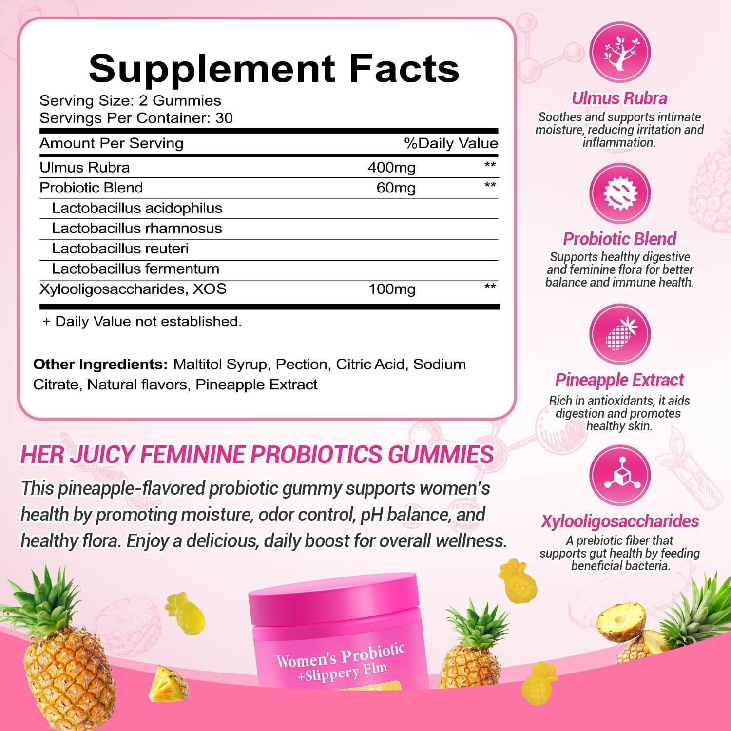 Her Juicy Feminine Probiotics Gummies, Premium Feminine Balance Gummies with Slippery Elm for Women's pH Balance, Healthy Odor, Flora and Immune Support – 60-Day Supply