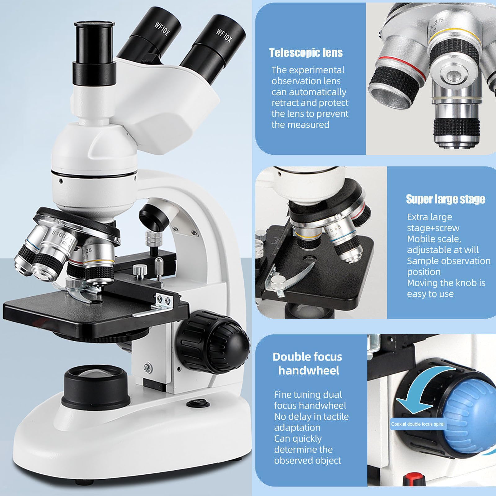 Microscopio óPtico Profesional 2000X / 5000X, Microscopio Trinocular para Estudiantes De Primaria Y Secundaria, Lentes Objetivos 4X, 10X, 40X, 6X/100X, con Soporte para TeléFono MóVil,2000X