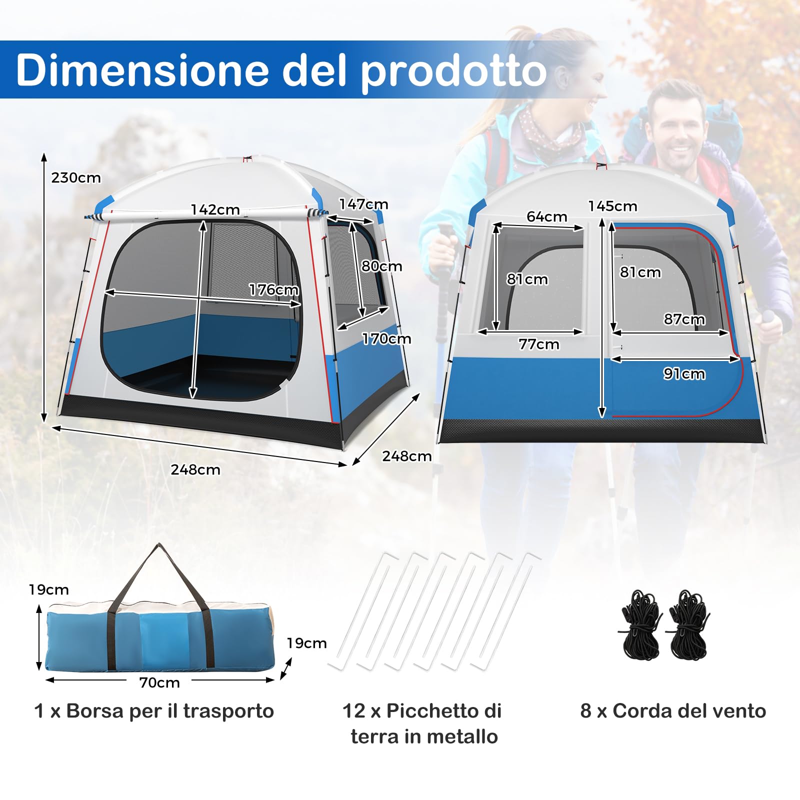GYMAX Tenda da Campeggio per 5 Persone, Tenda Impermeabile Antivento con Ampie Porte in Rete a Doppio Strato, Finestre in Rete e Borsa da Trasporto, Tenda Familiare Portatile per Escursioni Viaggi