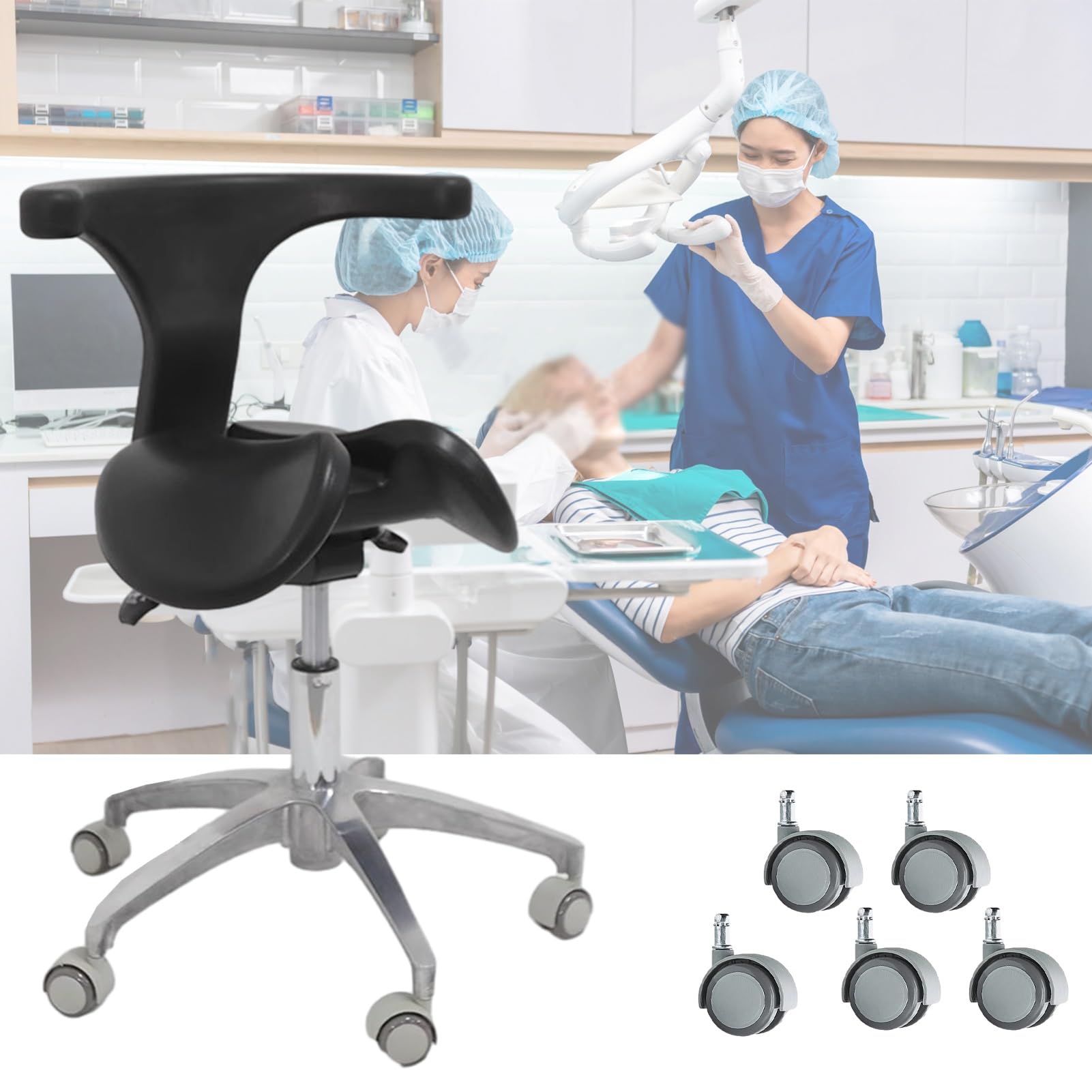 Sattelhocker Dental-Rollstuhl, Geteilter Sitz, Schwarz, Ergonomischer Geteilter Sattelstuhl mit Rückenlehne, 19"-25" Lift-Salon-Rollhocker, Drehbarer Bürostuhl
