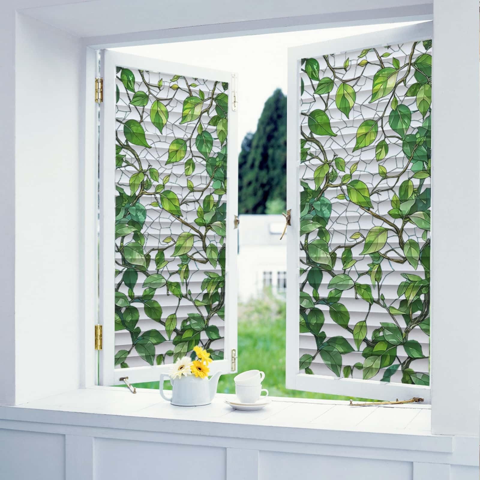 Window Film Privacy 43x100cm Bright Leaves Privacy Film for Glass Windows Office Kitchen Living Room Bathroom Opaque Reusable Window Stickers for Glass