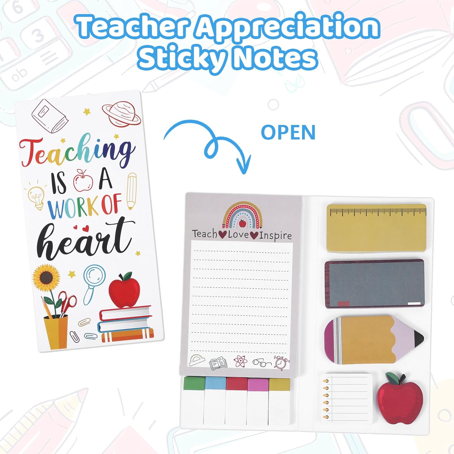 Teaching is A Work of Heart Teacher Sticky Notes Supplies Set, Teacher Appreciation Sticky Notes Gifts Note Pads Writing Memo Pads Self-Stick Chalkboard Pencil Shape School Office 550 Sheet(White) - Image 3