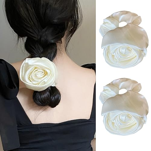 2 anillos de pelo de rosa blanca para mujeres y niñas, cuerdas de satén para el cabello de novia, accesorios para el cabello para fiestas, uso