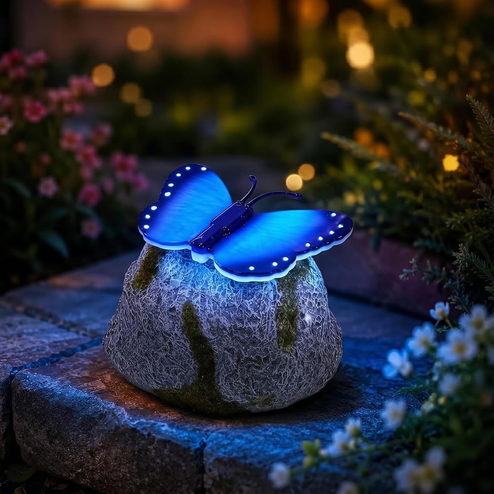 Illuminated Butterfly Stone Garden Light, Solar LED Butterfly Garden Statue with Light-Up Wings, Solar Butterfly Lights for Outside, Outdoor Waterproof Pathway Lights for Garden, Yard, Patio (Blue)