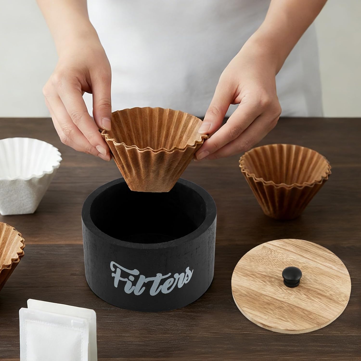 Coffee Filter Holder, Wooden Rustic Coffee Filter Storage Case Dispenser with Lid, Round Organizer Basket Container Storage for Counter, Kitchen or Cafe Decor, Black