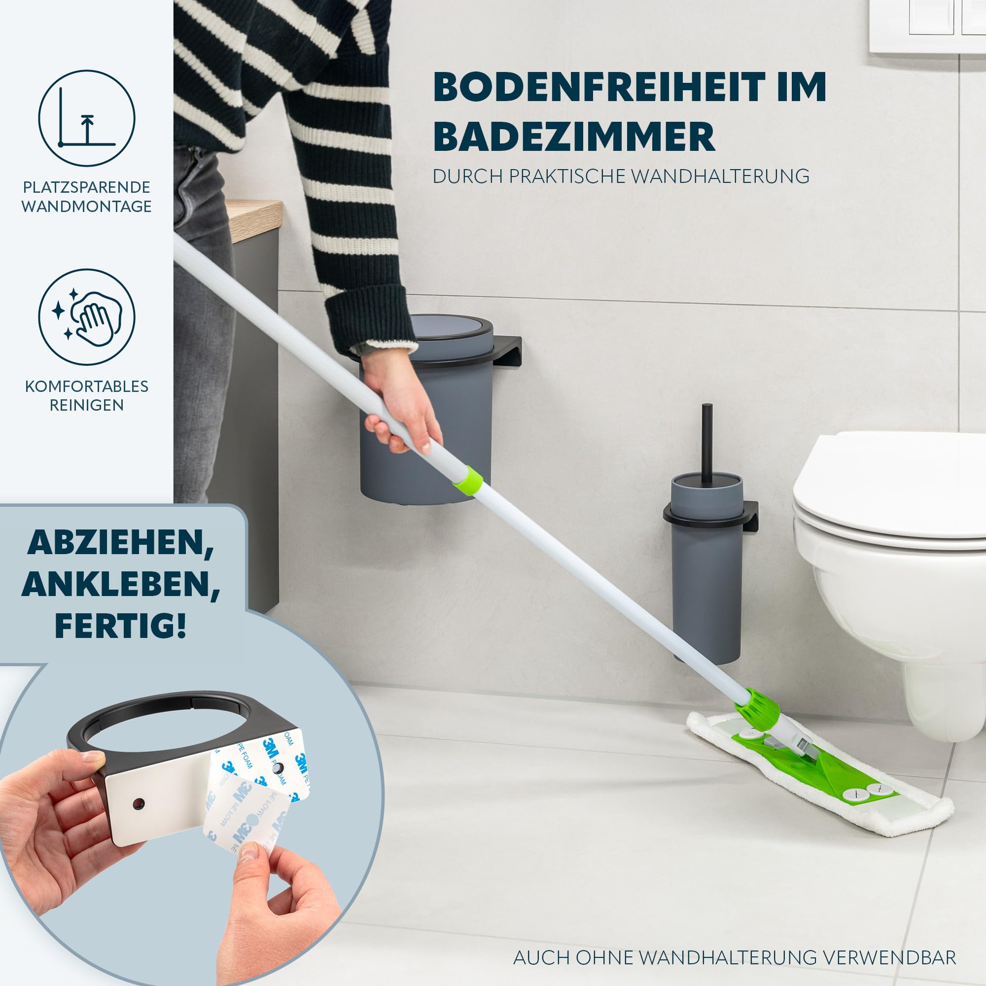 bremermann rundes 2tlg. Bad-Set Savona mit gummierter Softtouch-Oberfläche inkl. Wandhalterung zum Kleben oder Bohren, moderner Kosmetikeimer 5,5 Liter und WC-Garnitur aus Kunststoff (Grau)