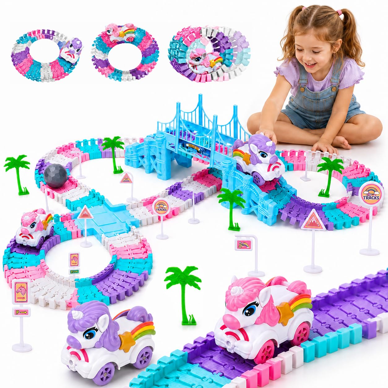 TODARRUN Unicorn Race Track Toys for Girls, 194PCS Flexible Track Playset