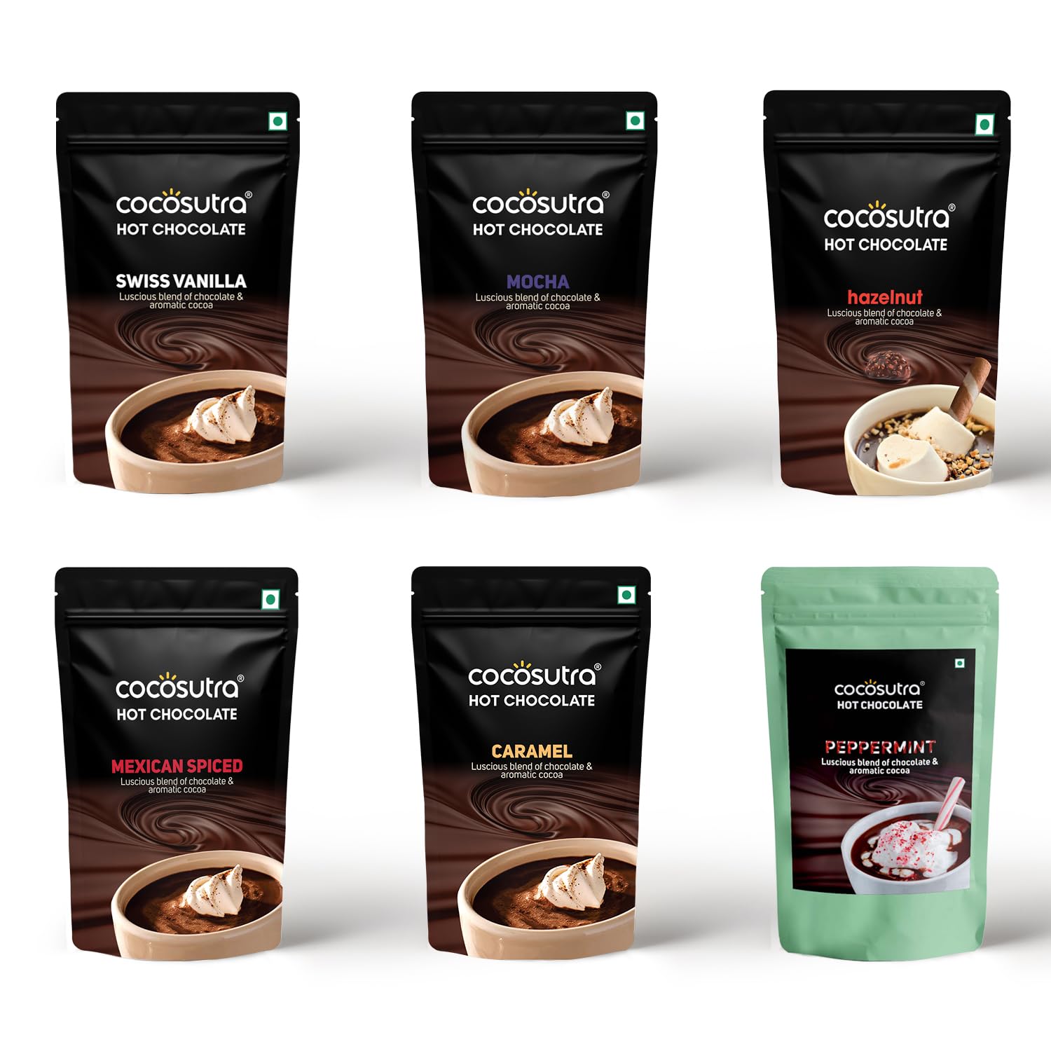 Hot Chocolate Mix Combo | Swiss Vanilla, Mexican Spiced, Mocha, Caramel, Peppermint & Hazelnut Flavoured | Pack of 6 (Each 100 g) 600 g | Drinking Chocolate Powder | Enjoy hot or cold