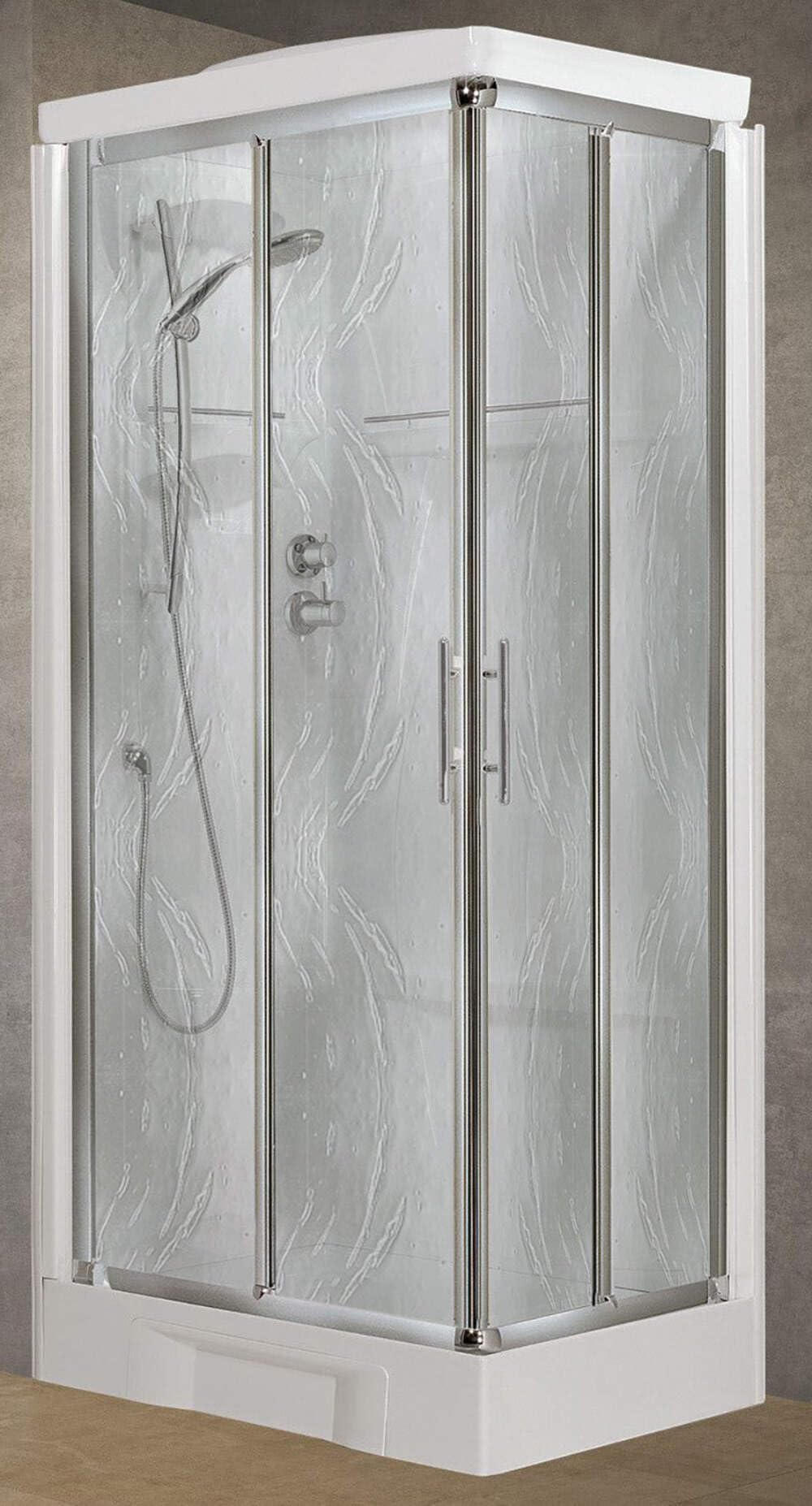 Novellini New Holiday A90 Standard con techo 90 x 90 cm Cabina de ducha equipada con 2 puertas correderas 2 fijas ángulo derecho izquierdo mezclador termostático cristal Aqua perfil plata altura 217,5