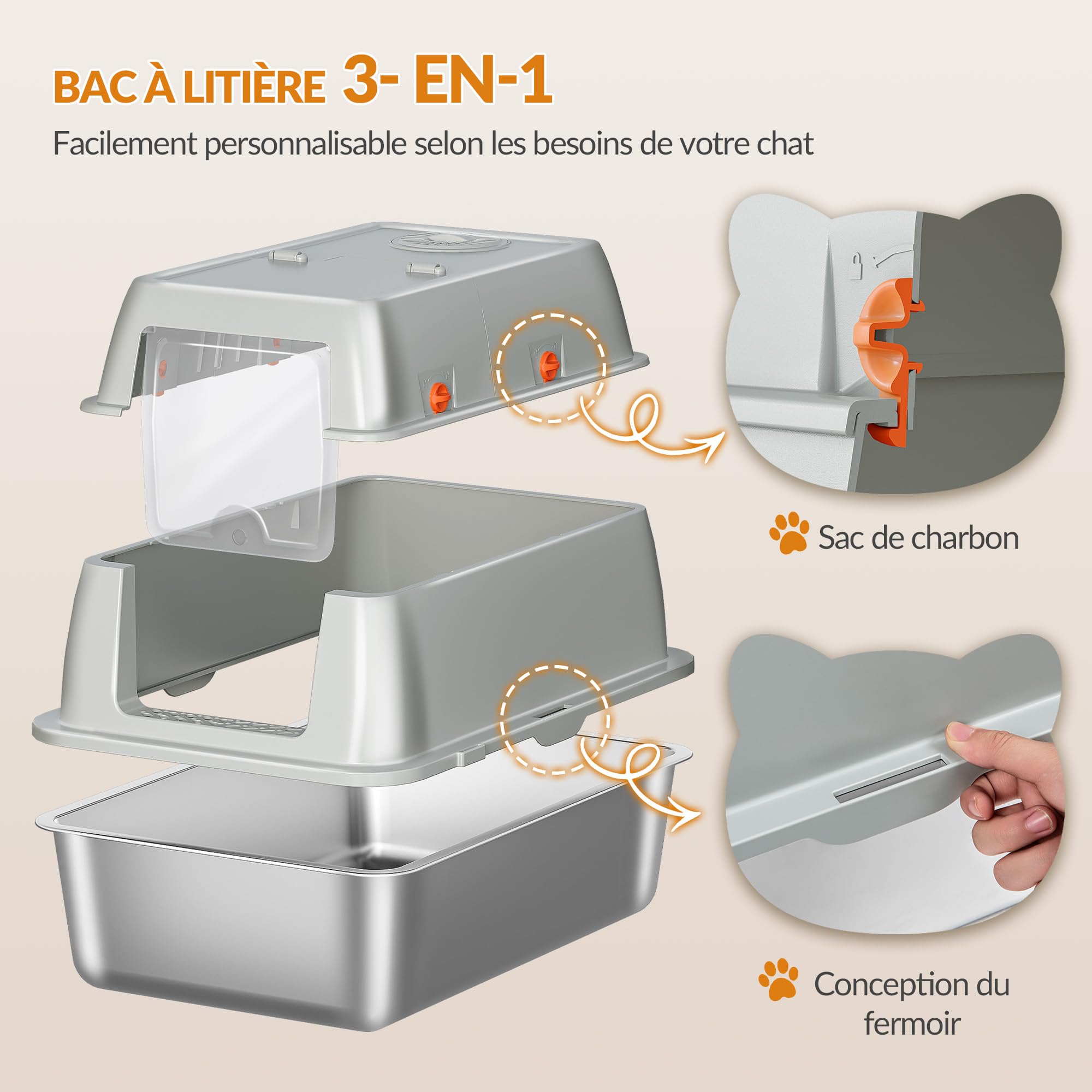 Bac à Litière en Acier Inoxydable avec Couvercle, XXL Bac à Litière Fermé,Couvercle à Charnière à 180°, Pédale et Pelle Incluses, Facile à Nettoyer, Amovible, 61 x 41 x 40 cm, Gris Clair