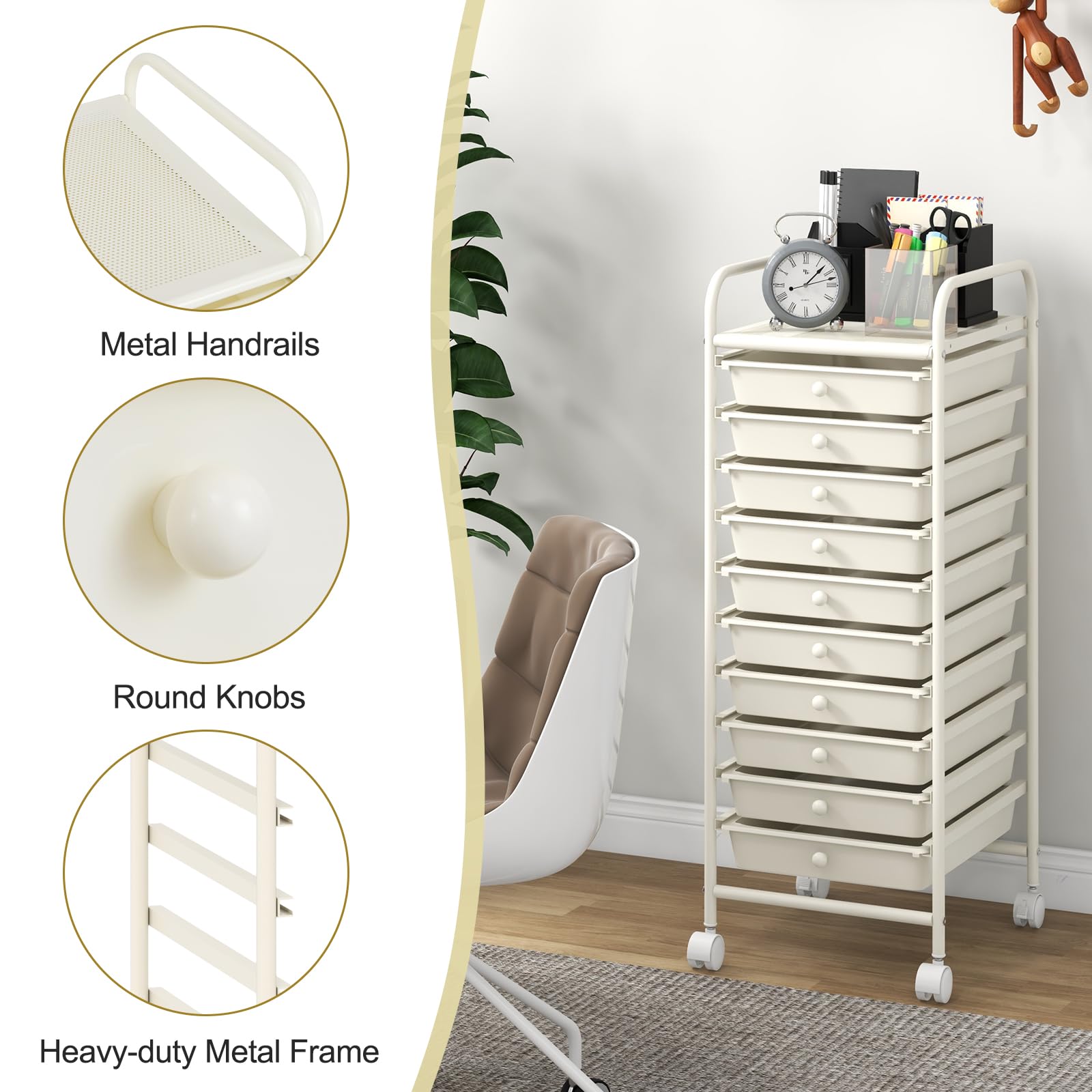 GIANTEX Carro de Almacenamiento 10 Cajones, Estantería con 4 Ruedas (2 con Frenos), Carrito de Plástico con Marco de Metal, Organizador para Oficina, Cocina, Baño, 33x37x86 cm (Blanco)