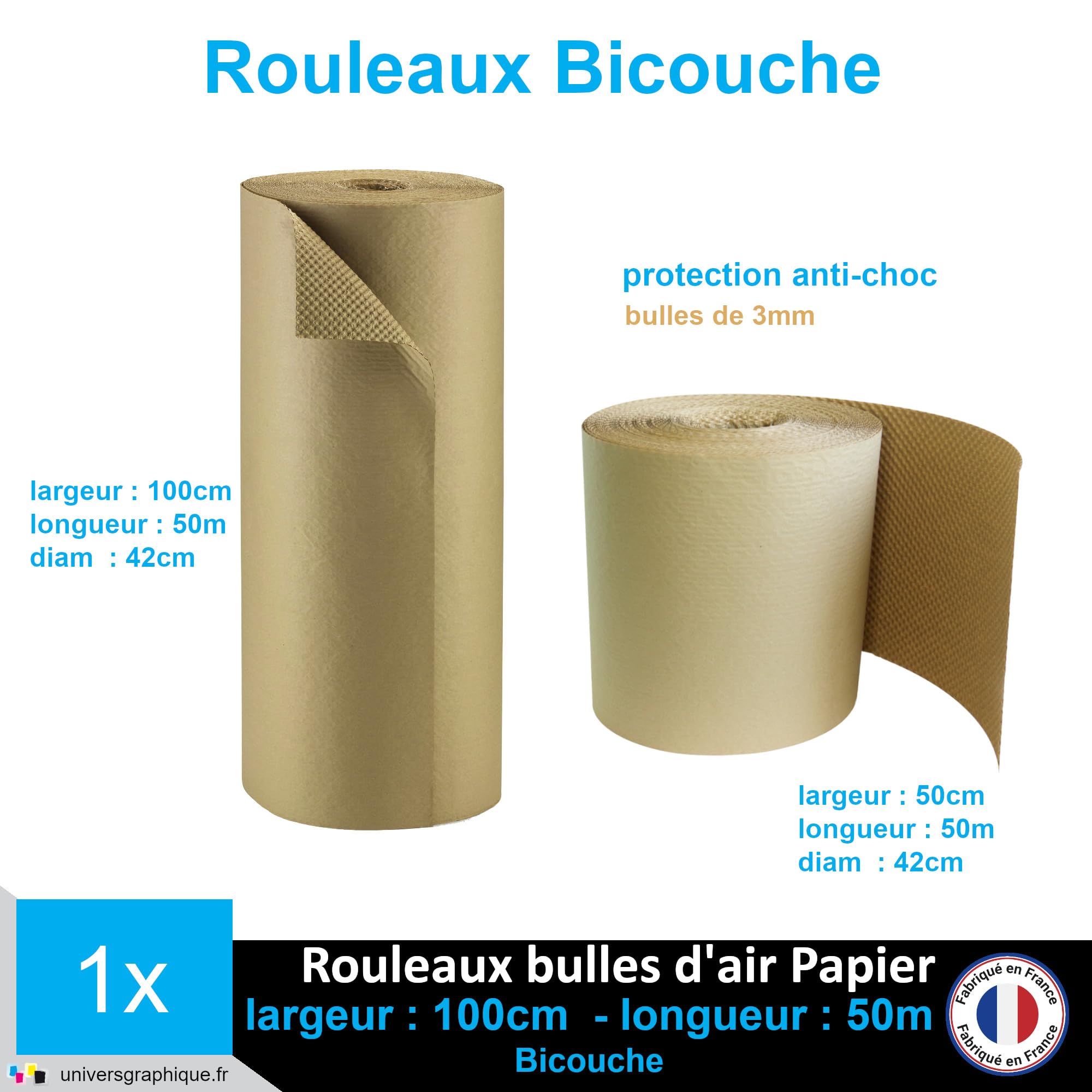 Rouleau Papier Bulle Kraft bicouche 50 g/m², 50cm de hauteur x 50 mètres de longueur et 42cm de diamètre pour calage et protection de contenu de colis.