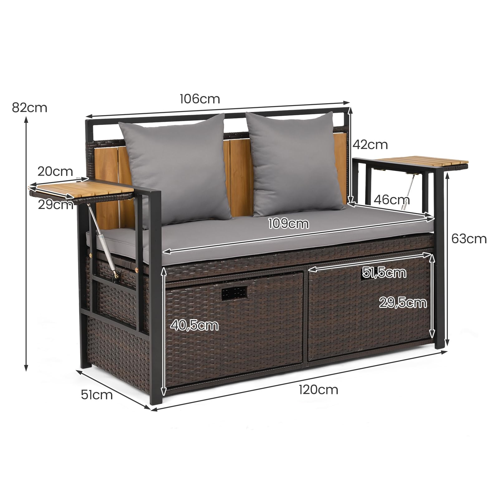 SOARS Divano da Giardino 2 Posti, Panchina da Esterno in Rattan PE con Contenitore, Cuscini Imbottiti e Tavolini Pieghevoli, Salotto da Giardino per Balcone e Terrazza, 120 x 51 x 82 cm (Grigio)