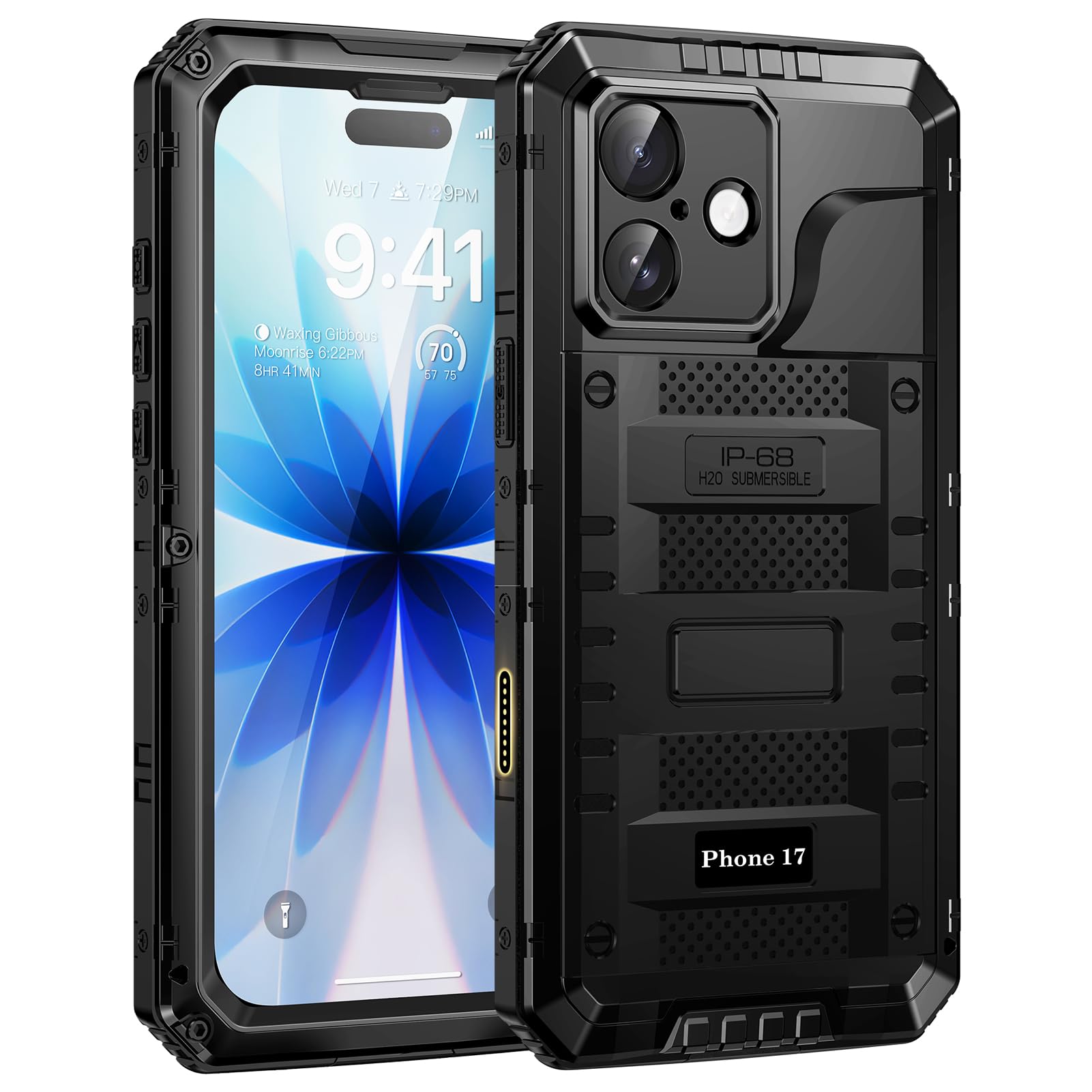 Lanhiem Funda para iPhone 17 Impermeable IP68, 360° Antigolpes Protección Militar Resistente, Carcasa Duradera Antipolvo Estanca, Metal Armor Waterproof Case para iPhone 17, Negro
