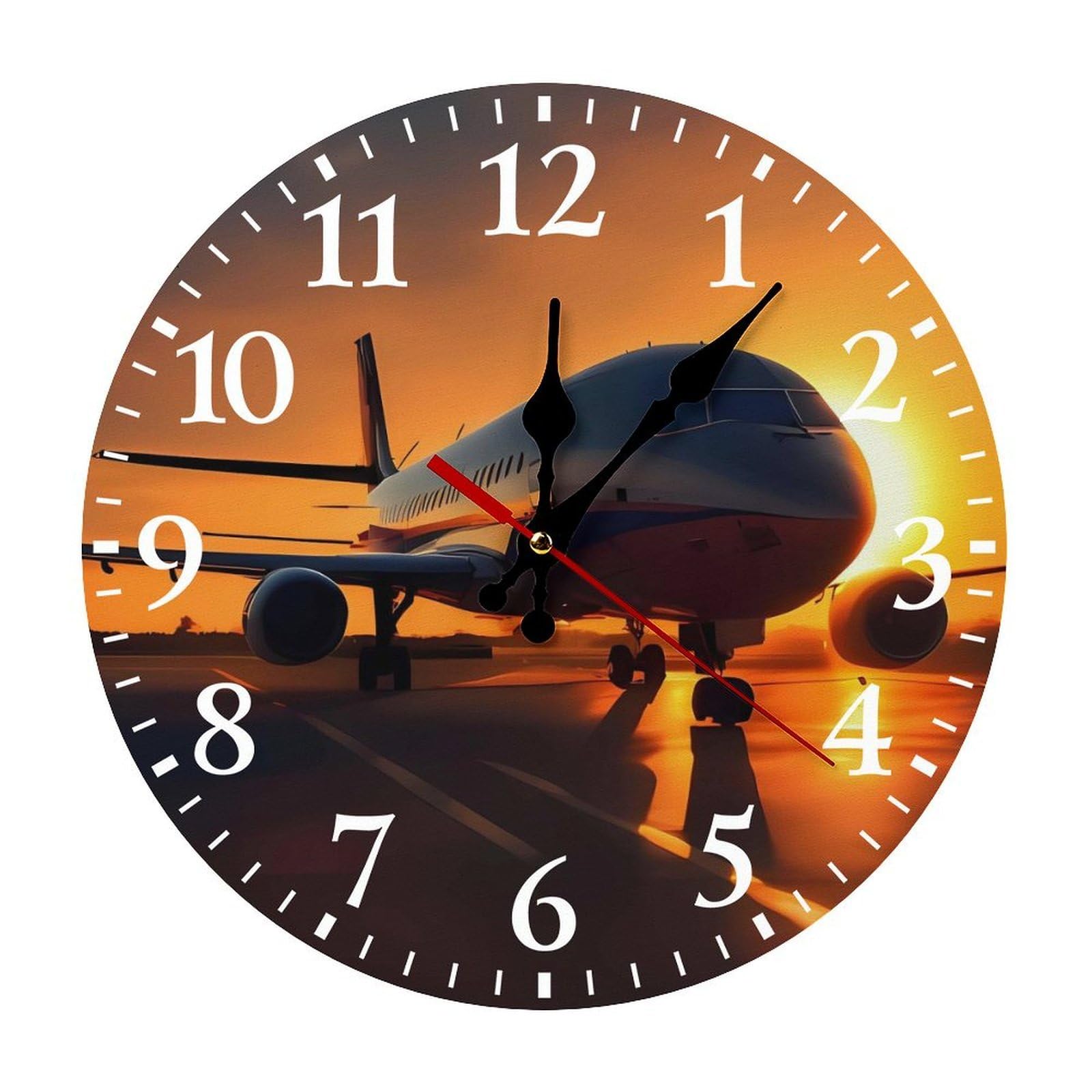 QMNLKH Airplane at Sunset Wall Clock for Home, Battery Operated Clock for Hotel, Round Wall Clock with Arabic Numerals White, Easy to Read, Non-Ticking Clocks for Living Room 25 * 25cm