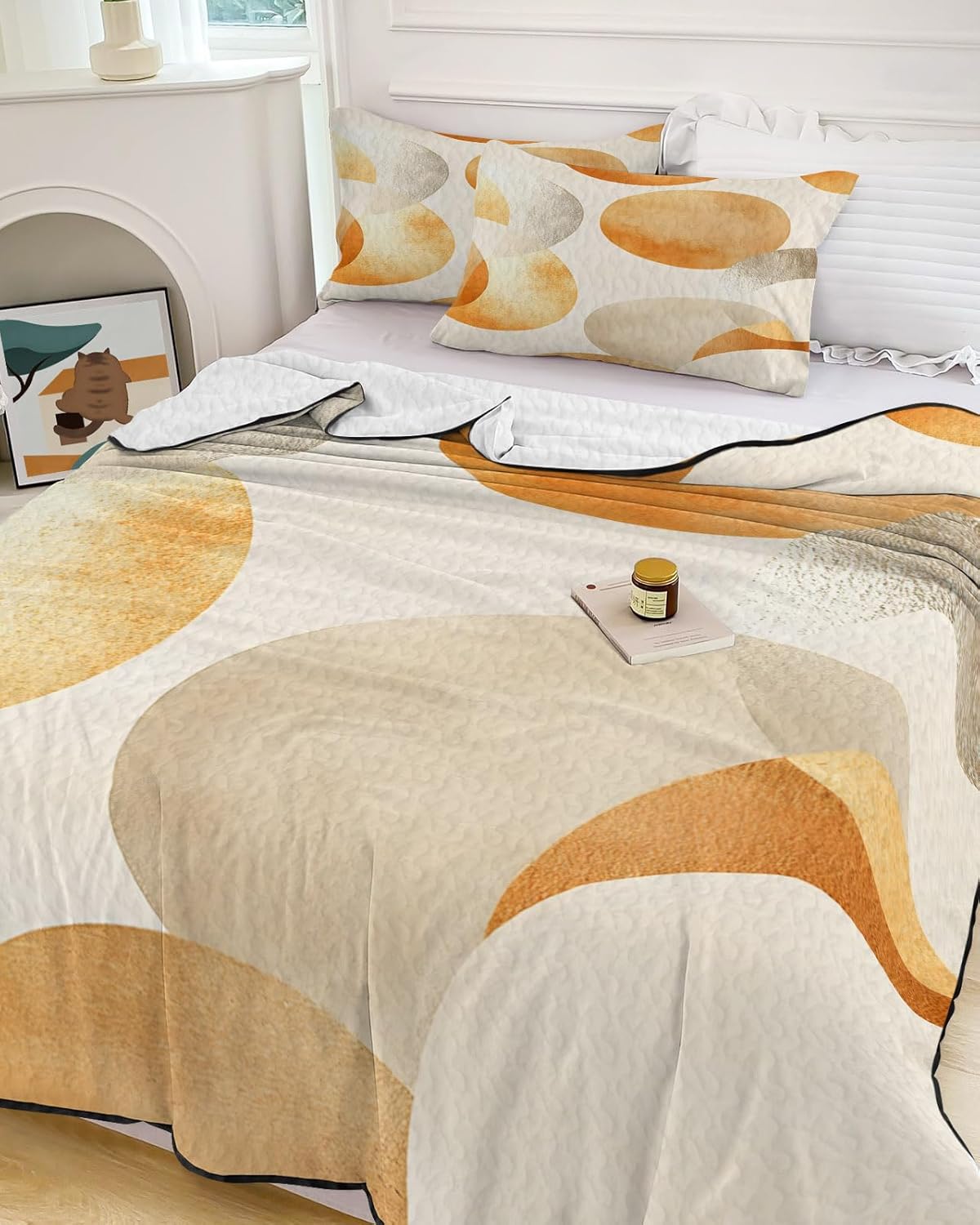 Full Size Quilt Set, Bohemian Gold Color Block Lightweight Bedspread Coverlet Set Soft Microfiber Summer Quilt with 2 Pillow Shams, Minimalist Nordic Art 3 Piece Comforter Bedding Set