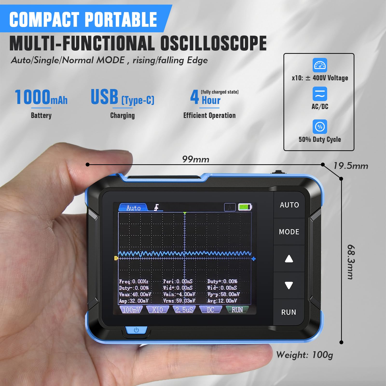 AIOMEST Mini Oscilloscopio Digitale Larghezza di Banda 1MHz 5MS/s Oscilloscopio Portatile 2,8” Display USB Generatore di Segnali DDS con Cavo dati Type-C e Sonda Oscilloscopio Multimetro DSO153B