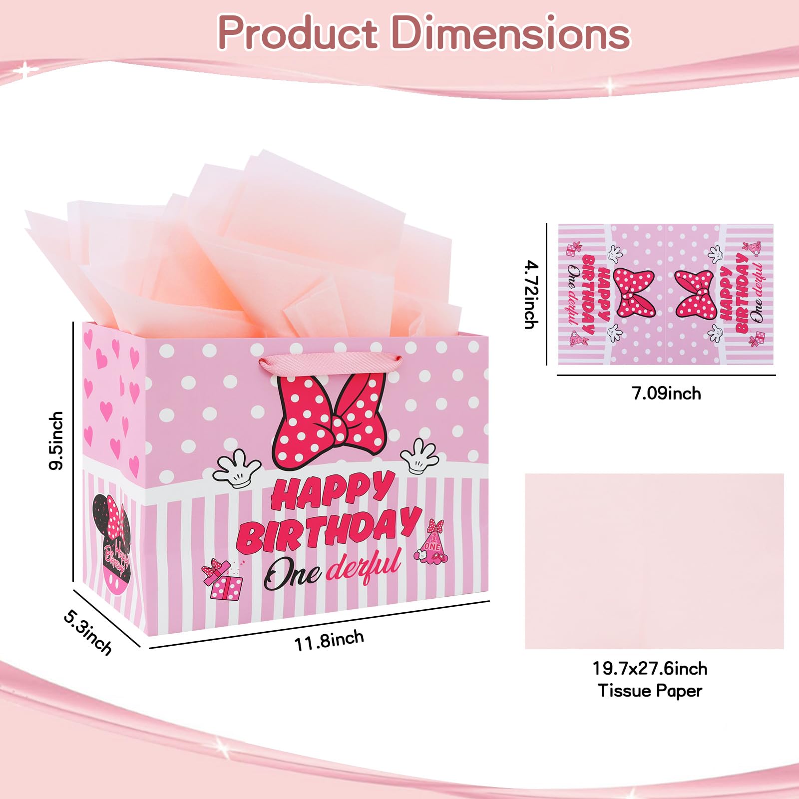 BAOOOFUL 13" Pink Mouse Theme Happy 1st Birthday Gift Bag with Tissue Paper and Greeting Card for Party,Birthday Wrapping Paper for Boy and Girls,Party Decorations Party Supplies(1 Pcs)