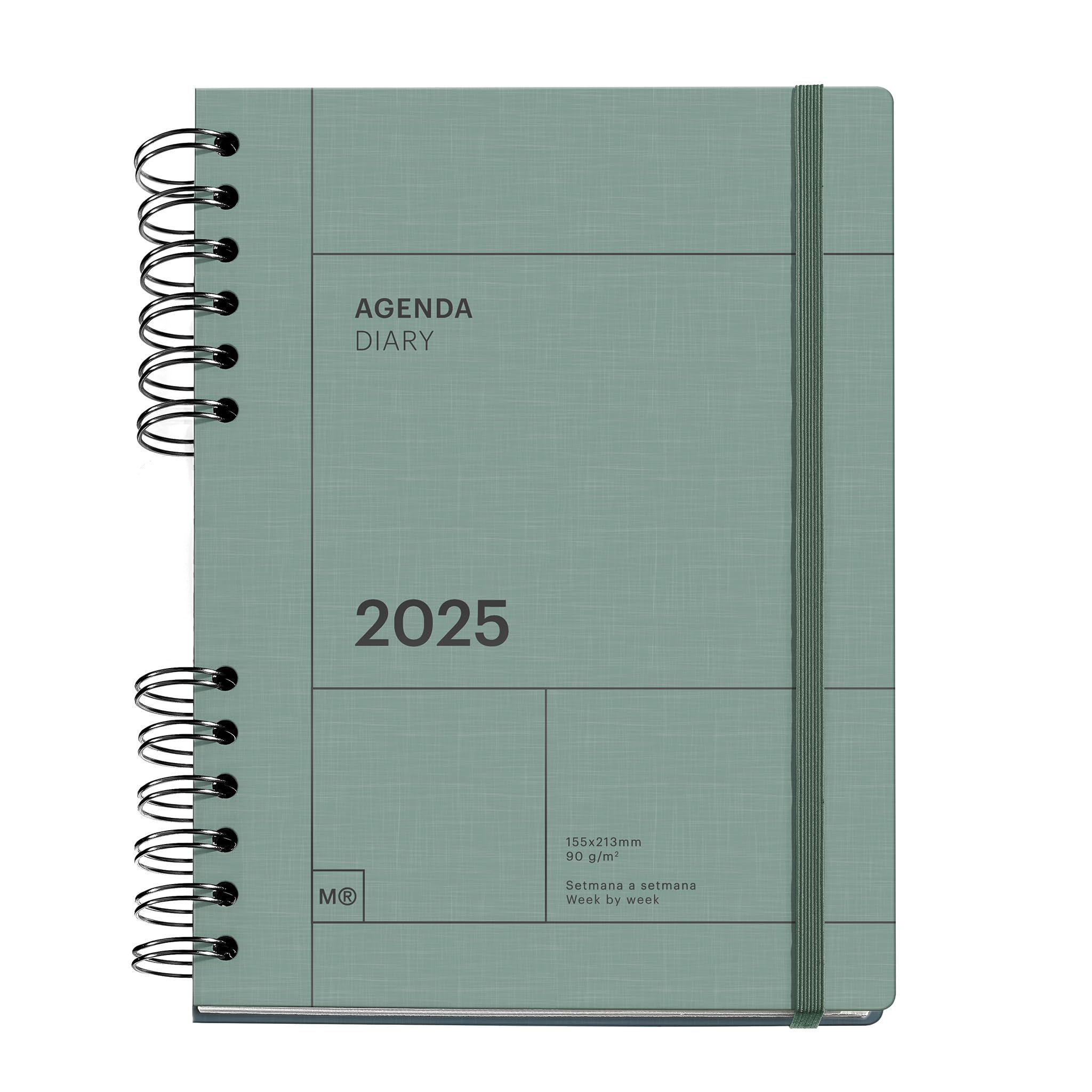 Miquelrius - Agenda 2025, Agenda annuale 155x213 mm, Agenda settimana vista, copertina in cartone foderato, carta sostenibile 100 g/m², chiusura gomma, catalano, inglese e portoghese, verde