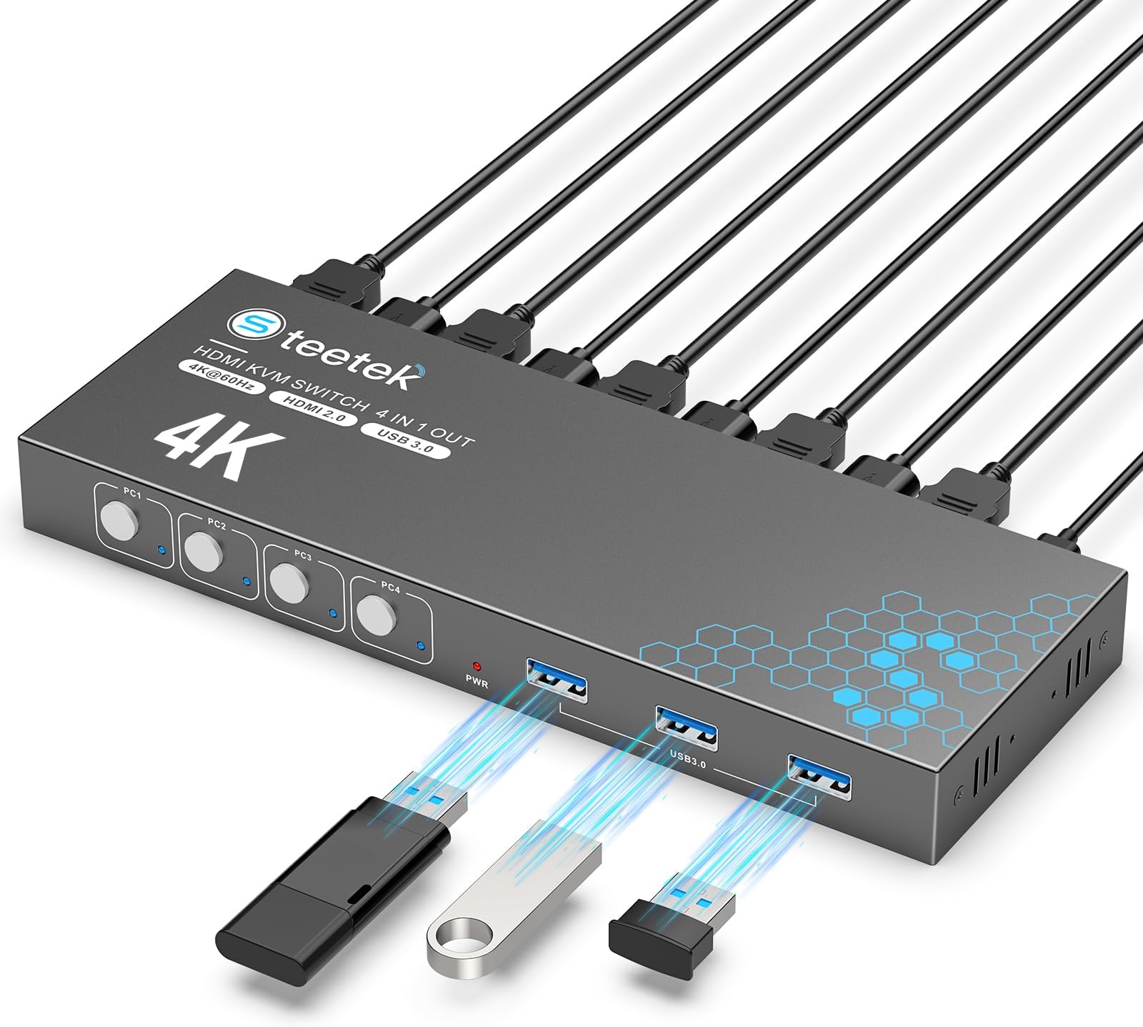 USB 3.0 HDMI KVM Switch 1 Monitors 4 Computers, 4K@60Hz KVM Switches for 4 Computers Sharing Monitor Keyboard Mouse Hard Drives Printer, with EDID Adaptive,1 HDMI Cable and 4 USB Cable