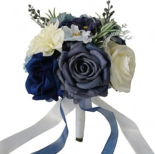 Wedding Bouquets for Bride Bridesmaid, 8.6 Inches Dusty Blue and Dark Blue Bridal Bouquets for Bride Bridesmaid, Silk Artificial Rose Bouquet for Wedding Ceremony Decoration (Dusty Blue)