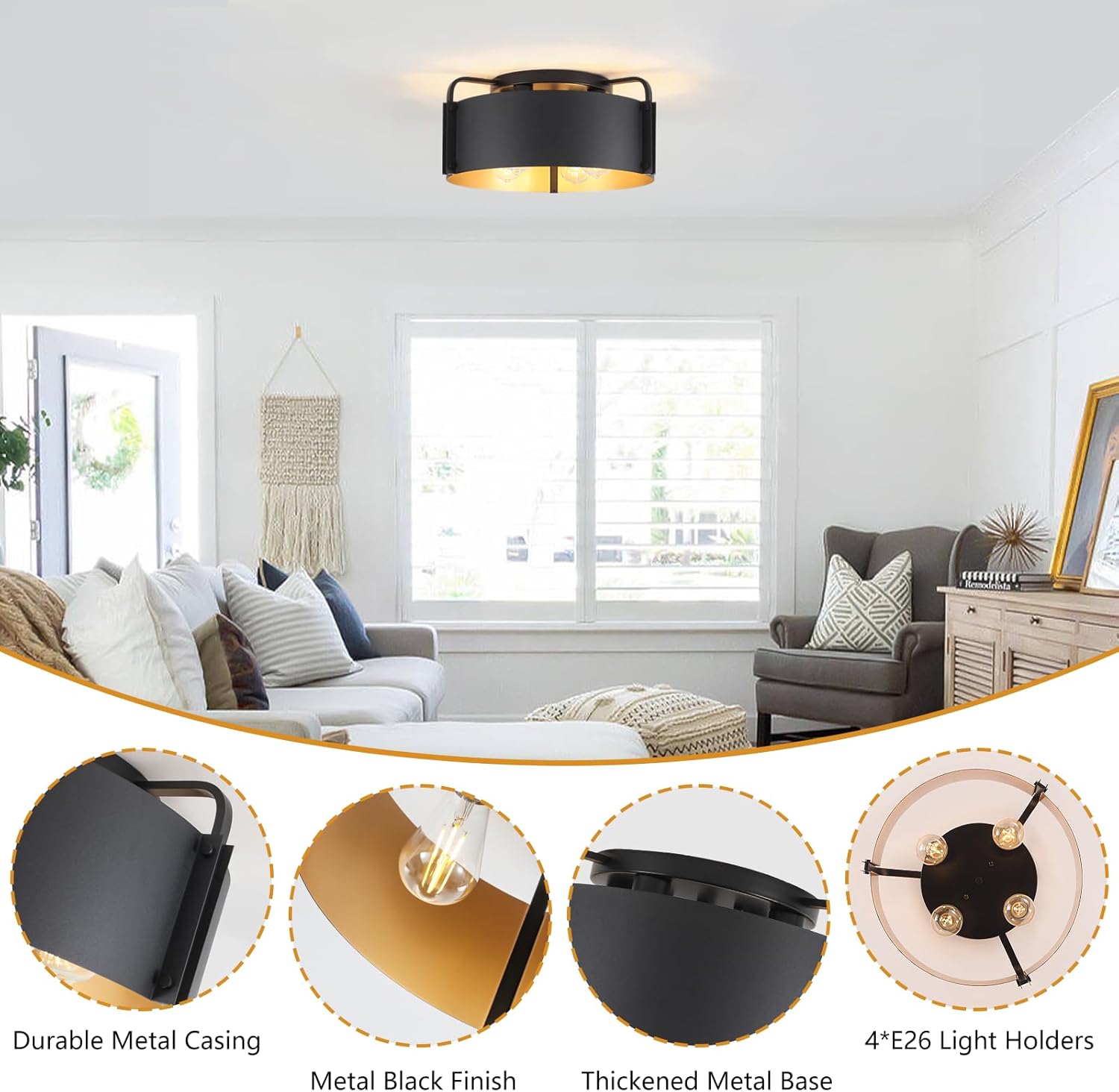 Flush Mount Ceiling Light, 4-Light Industrial Ceiling Light Fixture Matte Black with Gold Inside Kitchen Ceiling Lights for Living Room Kitchen Island Dining,E26 Base(Not Included Bulb)