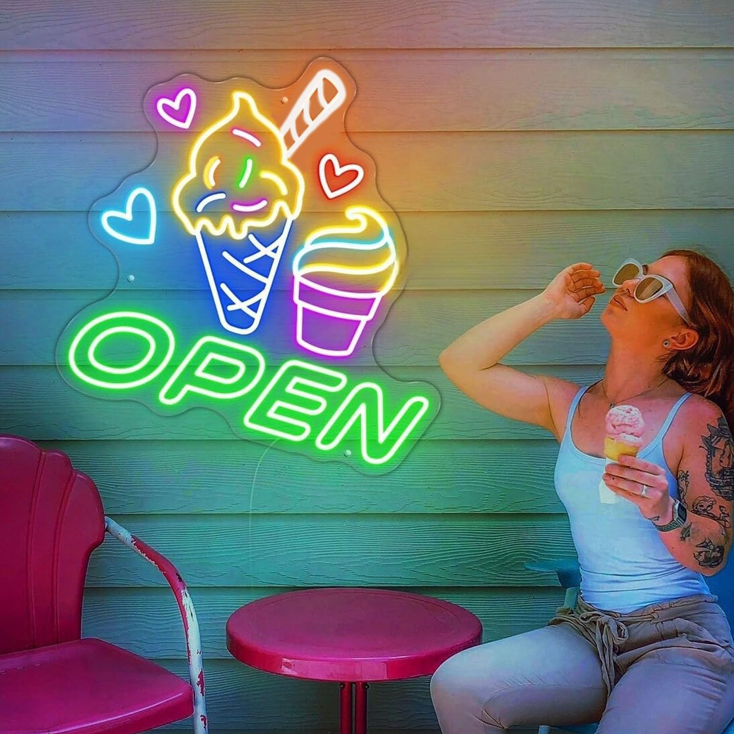Ice Cream Open Neon Sign Ice Cream LED Logo Sign Open Neon Sign Custom Neon Sign for Coffee Shop Restaurant Open LED Neon Light Gelato Open