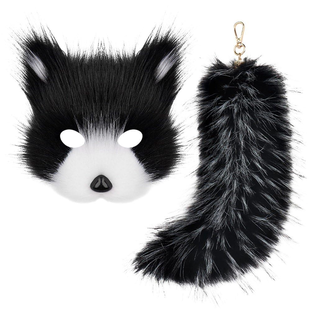 Tsffae Mask and Therian Tail Set, Furry Mask＆long Tail Half Face Masquerade Dress Up Cat Mask for Cosplay Fancy Party Costume Accessory