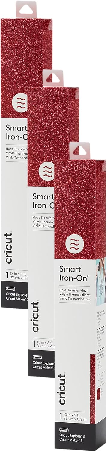 Cricut Smart Iron On, Glitter Red - 3-Pack of 3ft Rolls (13"x36") HTV Heat Transfer Vinyl - Compatible with Cricut Heat Press & Maker 3 / Explore 3 Machines