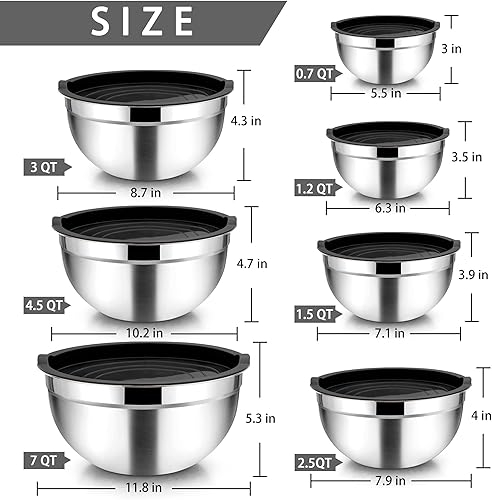 Miniatura 2 de TeamFar Juego de 7 tazones para mezclar con tapas, de acero inoxidable, con 16 utensilios de cocina, 7, 4.5, 3, 2.5, 1.5, 1.2, 0.7 cuartos de galón,