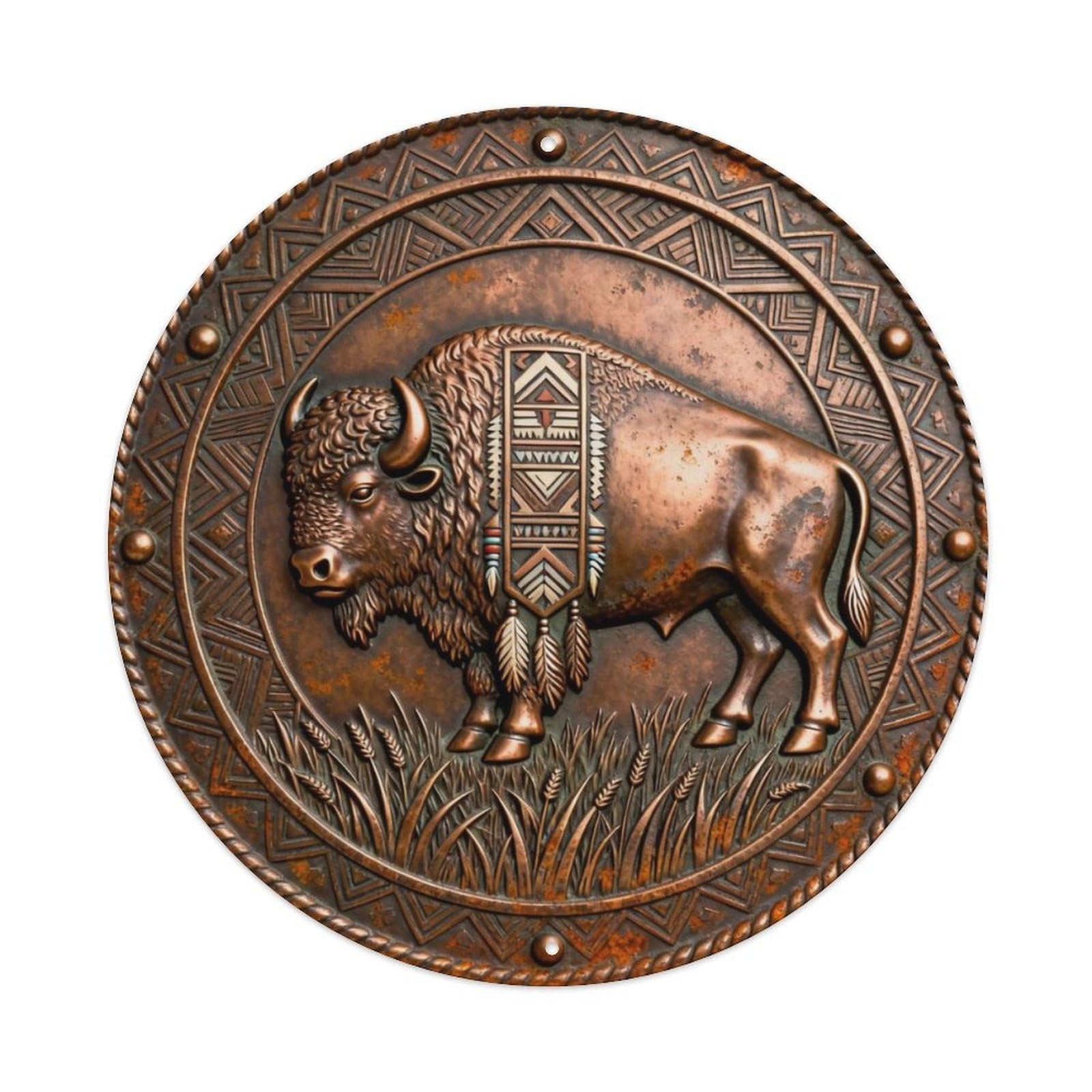 Native Buffalo Painted Shield Metal Tin Sign Plaque