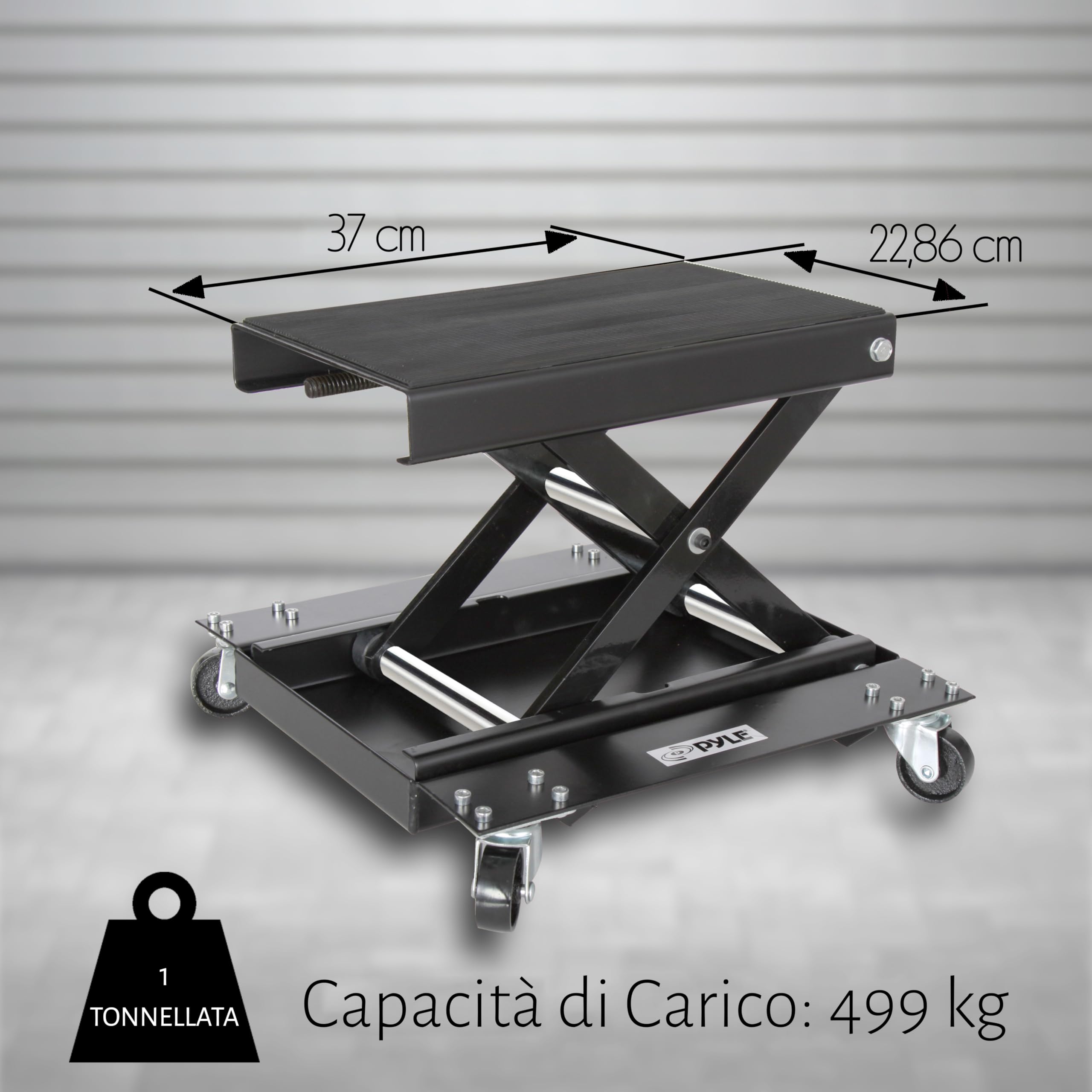 Pyle Sollevatore Moto, Cavalletto Moto in Acciaio Resistente, Capacità 500 kg, Rivestimento Nero, Ruote Girevoli, Pieghevole e Portatile