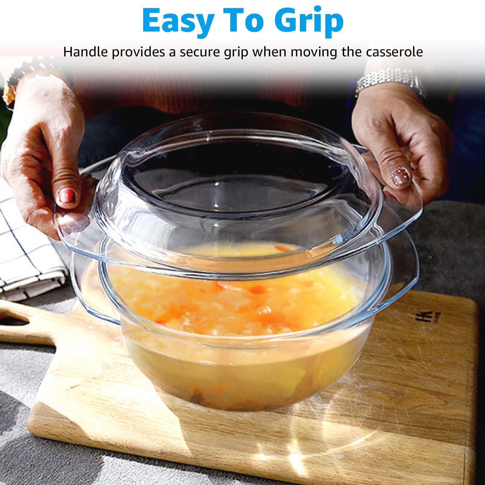 YAYODS Set di 3 piatti da forno in vetro con coperchio, 650/1000/1400 ml, piatto da forno rotondo, forno a microonde, con manici per insalata di frutta, carne, forno a microonde, forno