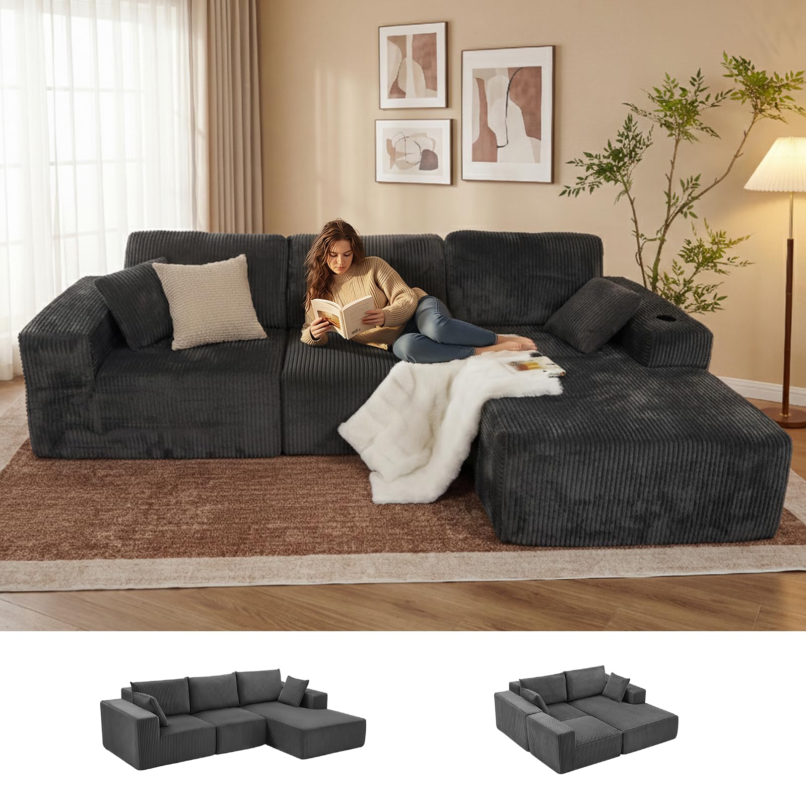 Amazon｜COZI 109インチ 3人掛け l字ソファー モジュラーソファ