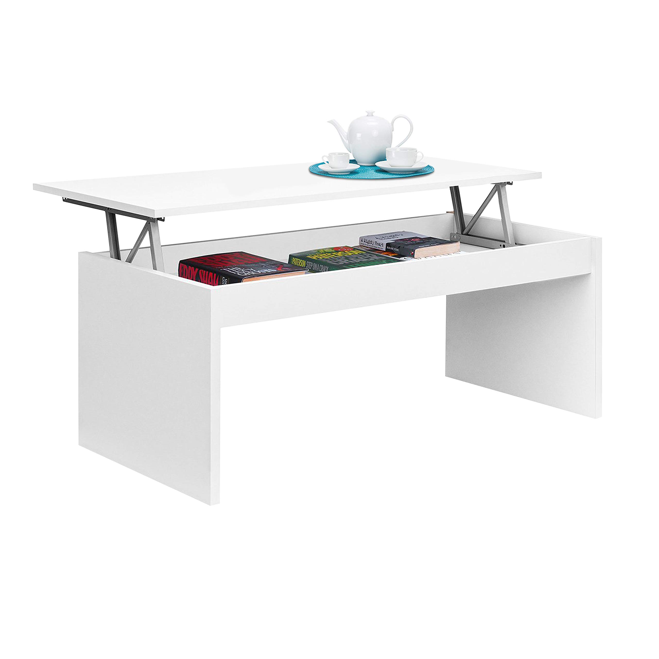 Mesa de Centro Elevable, Modelo Zenit, Mesita Salon Comedor, Acabado en Blanco Brillo, Medidas: 102 cm (Ancho) x 43/54 cm de (Alto) x 50 cm (Fondo)