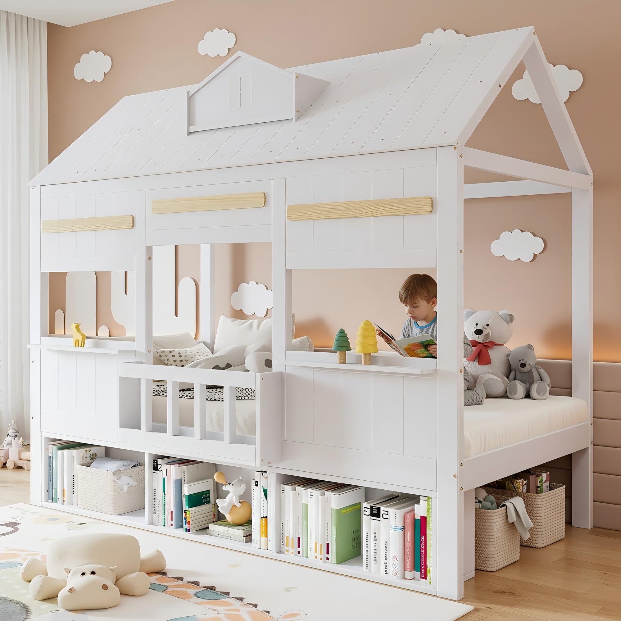 Letto Casetta per Bambini 90x200cm con Libreria e Finestre, Strutture letto in Legno di Pino, Rete a doghe(Nessun materasso
