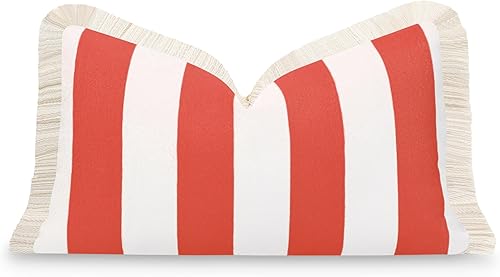 Hofdeco Premium Funda de almohada lumbar para interiores y exteriores, 12 x 20 pulgadas, repelente al agua para patio trasero, sofá, flecos de rayas