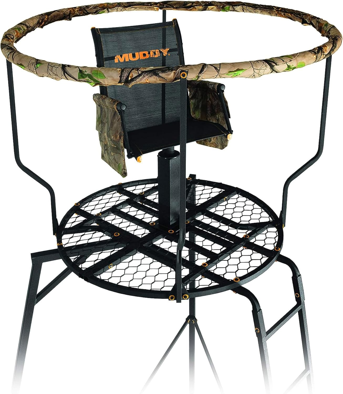 Muddy 1-Person Liberty Steel Tripod Hunting Stand, 16 ft Tall, 300 lb Capacity - Heavy-Duty with Flex-Tex 360 Swivel Seat, Extra-Wide Shooting Rail, Adjustable Legs and Detachable Gear Bags