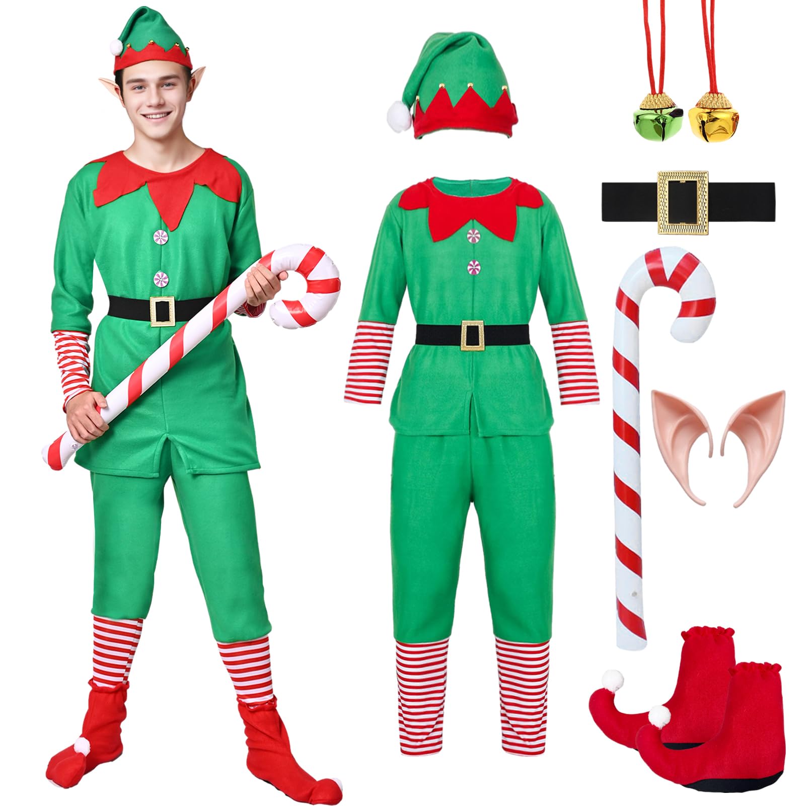 Marypaty Disfraz de Elfo Navideño Adulto Hombre Mujer Niño, Ayudante de Santa Claus Traje Navideño Gorro de Elfo Orejas Accesorios de Disfraces
