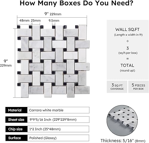 Miniatura 3 de Diflart Mosaico de mármol, blanco Carrara, tejido de canasta de 1 x 2 pulgadas, pulido, azulejos de mármol para cocina, baño, pared, paquete de 5