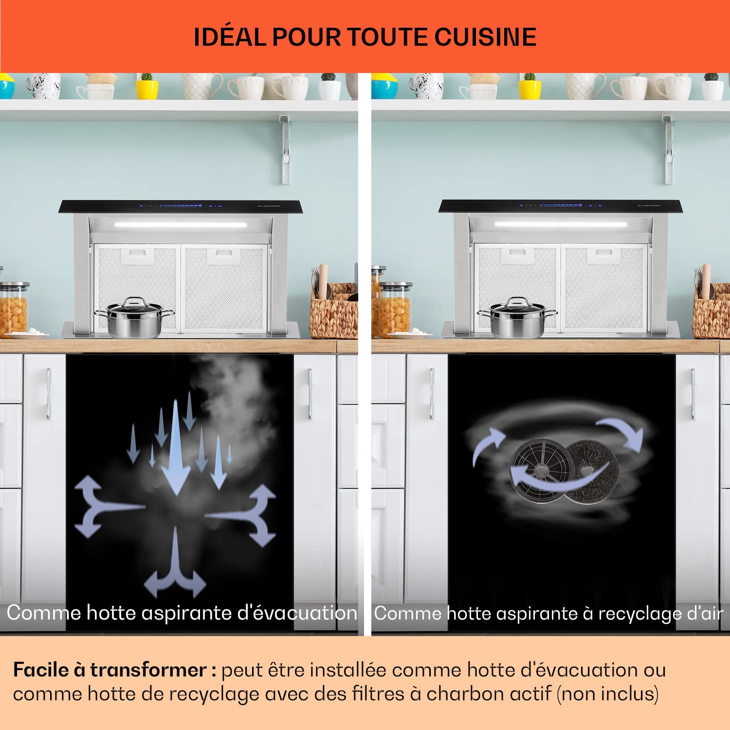 Klarstein Royal Flush Eco Hotte Aspirante 60cm - Cee A++, 604 M³/H, Faible Niveau Sonore 51 dB, Touch-To-Slide, Éclairage Led, Acier Inoxydable & Verre, Hotte Encastrable Plan De Travail