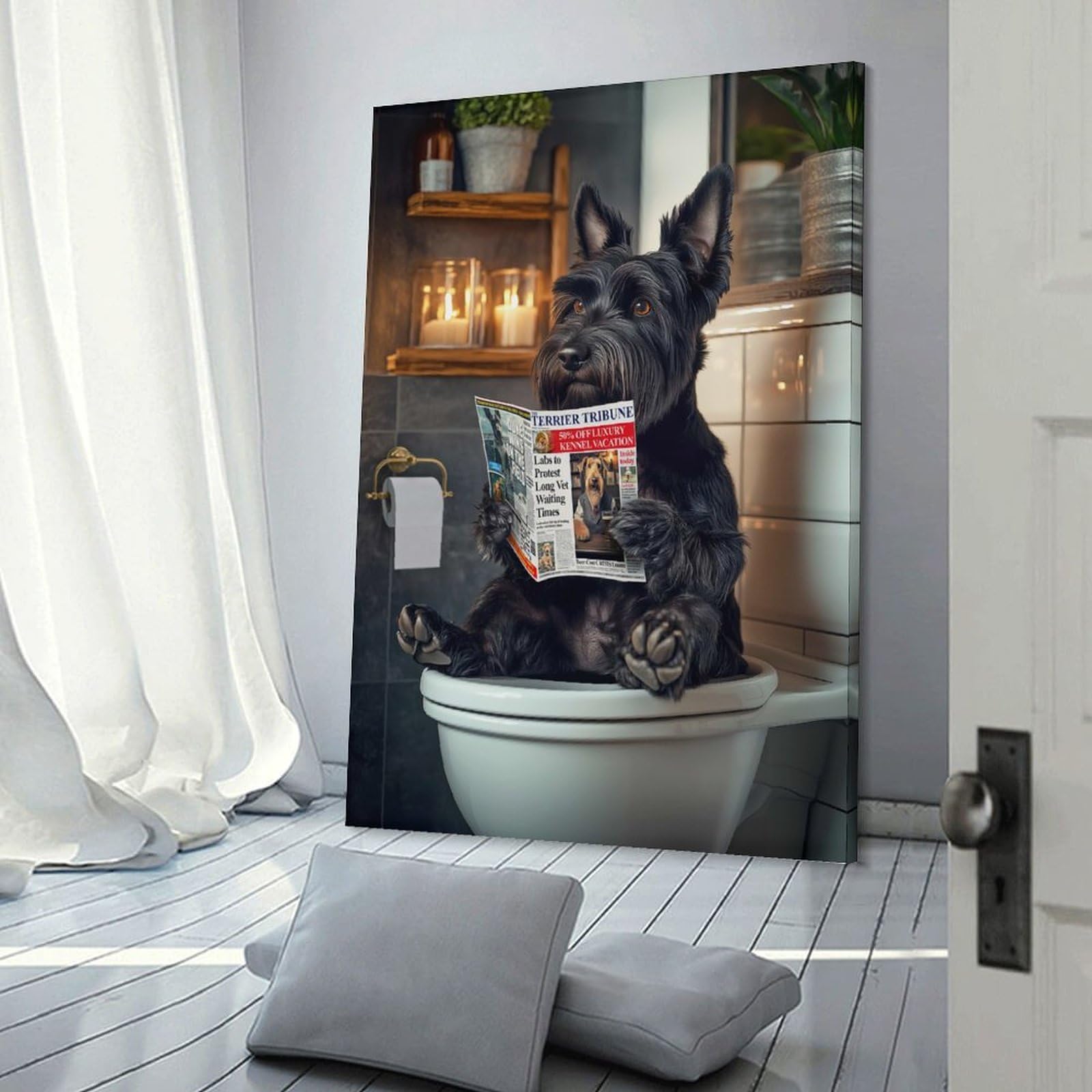Junmoney Frame-Style-23 Scottish Terrier On The Toilet Room Decor Wall Art 20X30inch(50X75cm), For Entrance Walls, Hall Decor Or Foyers, A Neat Decor Update For Hallways