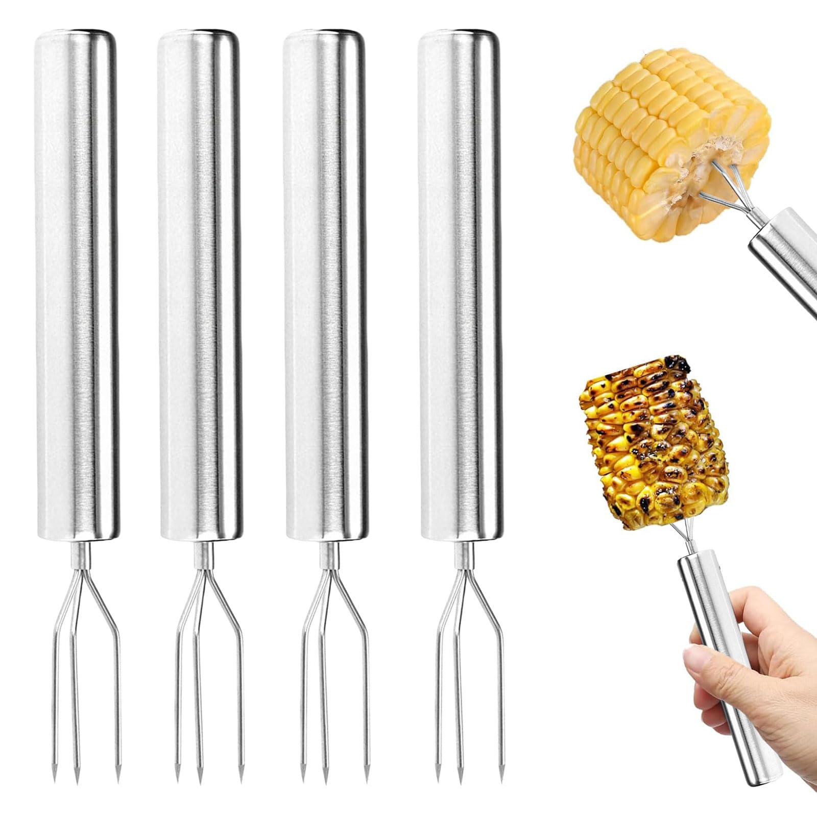 UOCAI 4PCS Forchette a Patate in Acciaio Inox con 3 Punte Forchetta a Patate Barbecue Campeggio, Set Forchetta a Patate Riutilizzabile per Verdure, Mais, Frutta, Cucina e Picnic